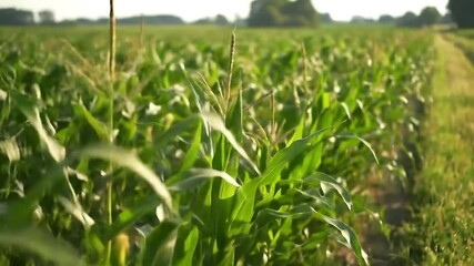 Lush Green Cornfield Under Bright Sunlight With Grassy Path and Distant Trees - Powered by Adobe