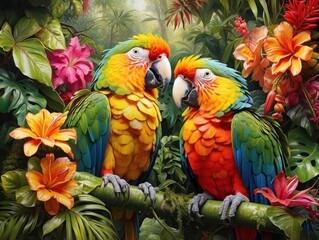 Fototapeta premium Two Tropical Macaw Parrots in Lush Jungle Scene Art