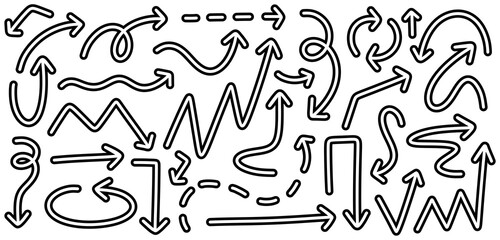 Arrow line set icon.Hand drawn icon set of hollow line arrows for graphic element decoration.