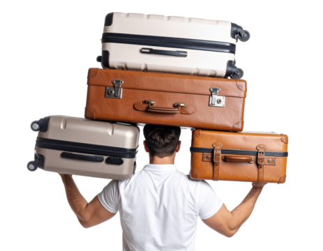 Strong man balancing baggage transparent backdrop