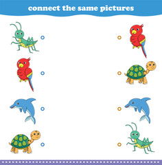 Education game for children connect the same picture of cute cartoon wild animal printable. Vector Illustration