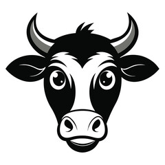 Upclose monochrome cartoon of a cow head displays a charming, smiling facial expression
