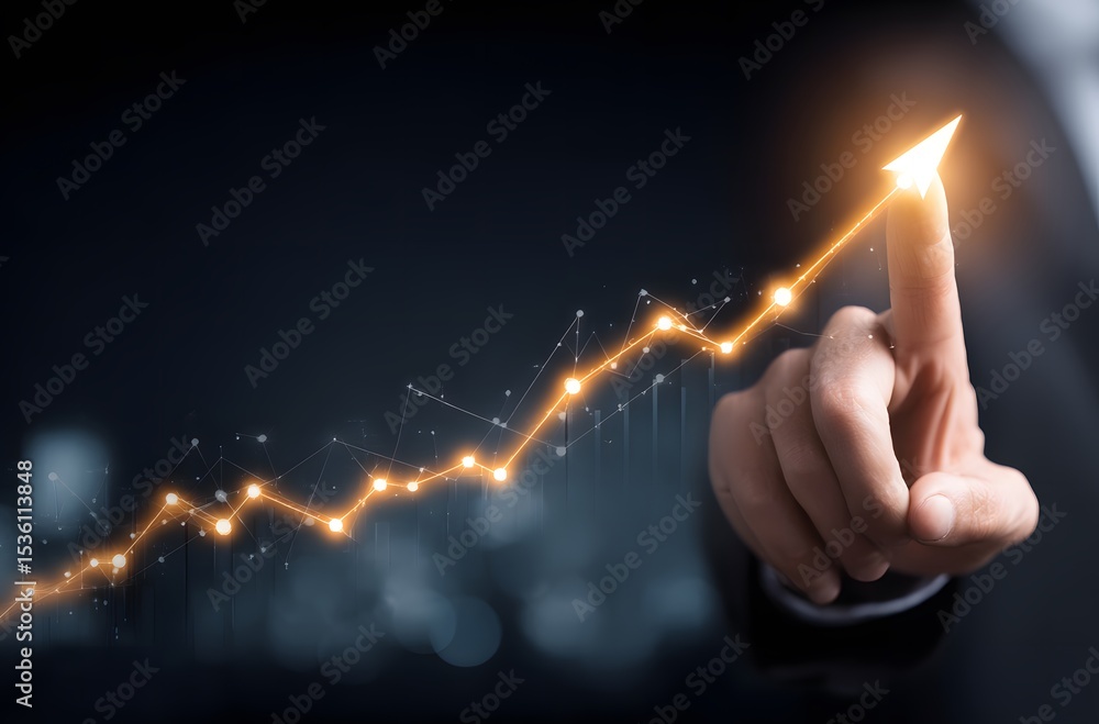 Poster hand pointing at an upward trending graph illuminated with light, symbolizing growth and progress.