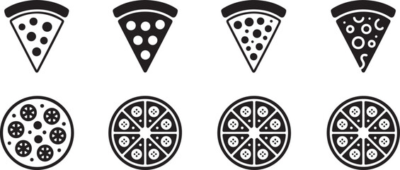 Pizza slice silhouettes icons vector set. Black silhouettes of Pizza slice. Delicious pizza slice silhouettes vector. Stylized pizza slices vector illustrations