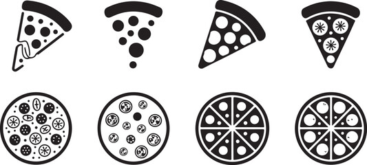 Pizza slice silhouettes icons vector set. Black silhouettes of Pizza slice. Delicious pizza slice silhouettes vector. Stylized pizza slices vector illustrations