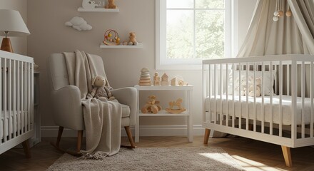 Nursery room featuring two white cribs a chair and shelves with toys in a neutral color palette