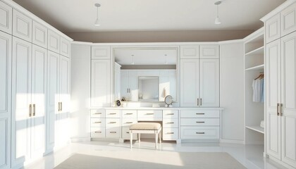Bright white dressing room, built-in wardrobes, large mirror, minimalist furniture,  clean,  furniture