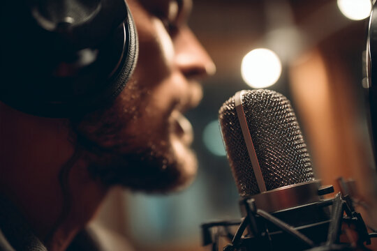 Performer in a recording studio wearing headphones, singing into a microphone with blurred background lights.