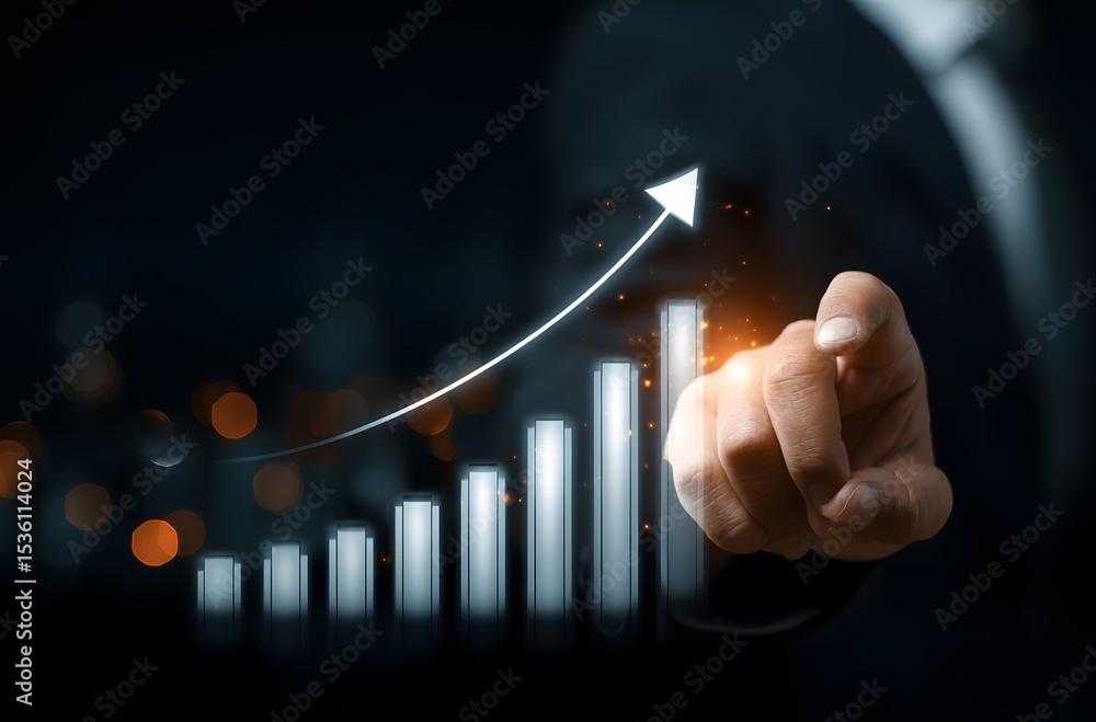 Poster hand pointing at an upward arrow on a bar graph, symbolizing growth and progress.
