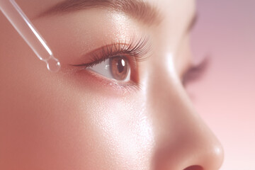 Close-up on beauty. Liquid from dropper near eye, pink background, luminous skin. Focus on skincare.