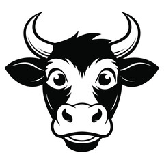 Black and white minimalist cow head presents simple design with playful expression