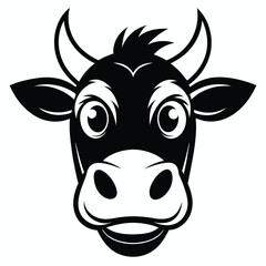 A minimalist depicts a cheerful black and white cow head with horns