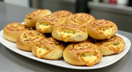 Freshly Baked Cheese Swirl Rolls with Herbs on a White Platter Highlighting Delicious Golden Brown Pastries in a Professional Kitchen Setting