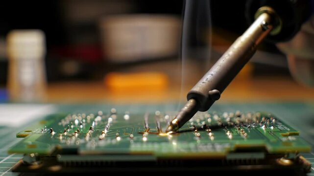 Close-up Shot of Soldering Process on an Electronic Printed Circuit Board