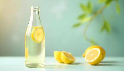 A glass bottle of lemon-infused water with sliced lemons on a light table, suggesting freshness and hydration. Represents healthy living and summer refreshment.