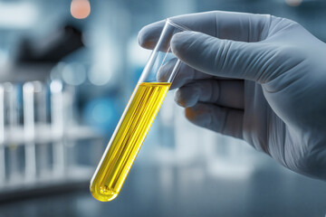 Scientist holding a tube of golden liquid. Researching for future medical solutions in the lab.