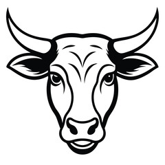 A bold black outlined bull head features striking horns and a confident gaze