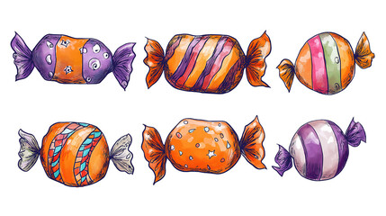 Set of hand drawn Halloween candies isolated on white and transparent background, cut out png