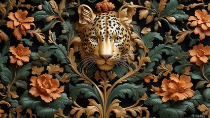 Luxurious Leopard and Floral Ornate Gold Leaf Artwork