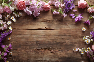 Floral Arrangement on Rustic Wood: Roses, Lilac, and Daisies framing aged planks for a charming backdrop.