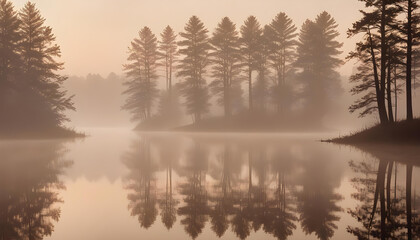 Fototapeta premium Serene lake with perfectly mirrored pine tree reflections shrouded in soft, ethereal morning fog. A tranquil scene symbolizing peace, solitude, or nature's quiet beauty.