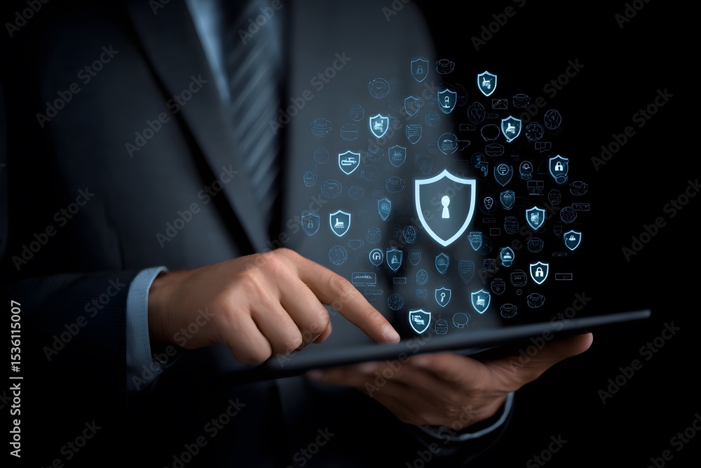 Poster businessman interacting with digital tablet displaying security icons and a shield symbol, emphasizi