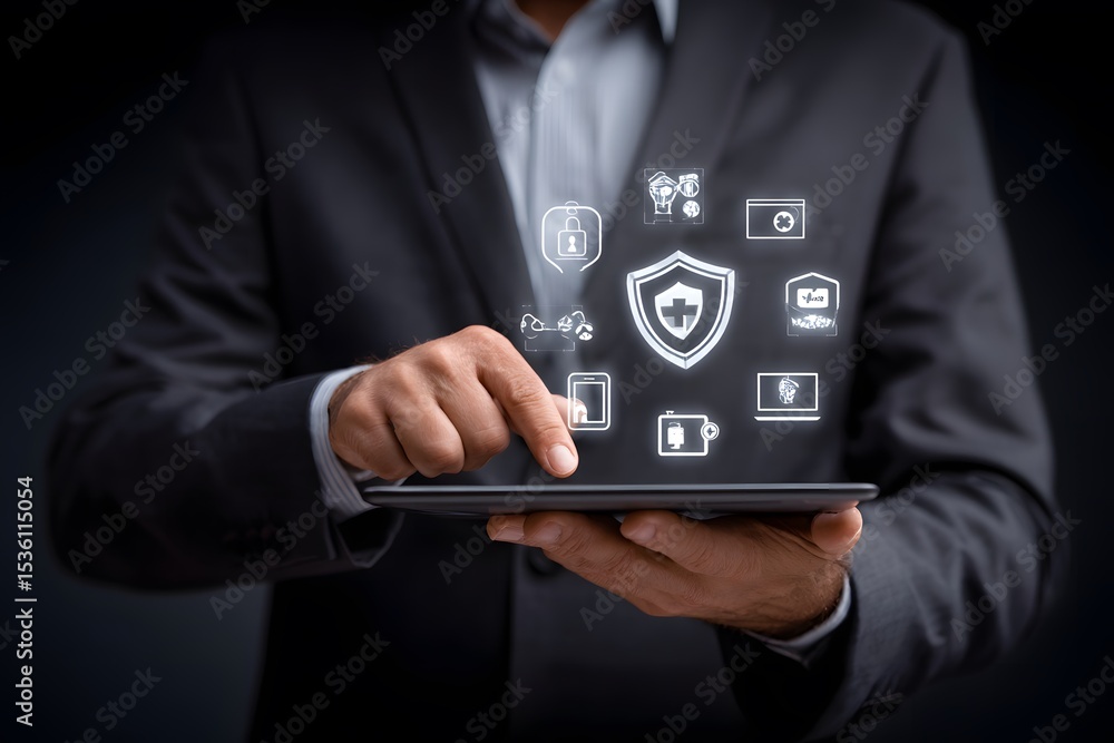Poster businessman interacting with a tablet displaying security icons and a shield symbol, emphasizing dig