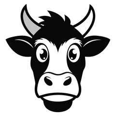 Black and white cartoon cow face features prominent eyes and visible horns