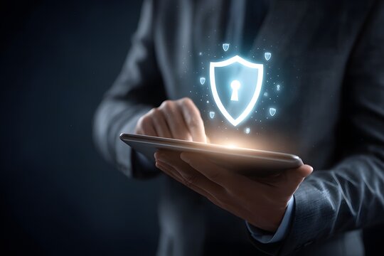 Businessman holding a tablet with a glowing security shield icon above it, symbolizing digital protection.