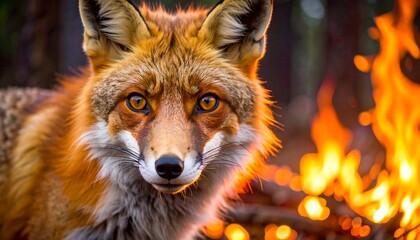 Fototapeta premium Fox near fire, close-up