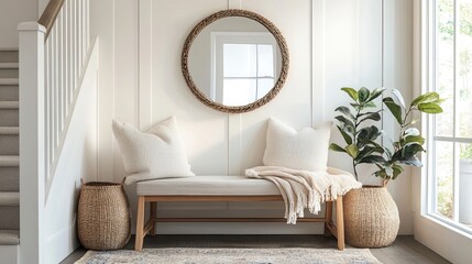 Interior Decor Coastal Entryway Bench with Wicker Mirror and Baskets Pillows Natural Light Stairway
