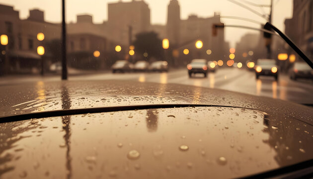 Raindrops cover a car windshield, blurring the city street with cars and traffic lights at dusk. Evokes a melancholic mood.