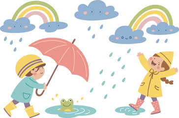 Monsoon and Rainy Season Scene illustration collection. Colorful Monsoon and Rainy Season Scene design set. Monsoon and Rainy Season Scene icons and elements. Monsoon and Rainy Season Scene themed