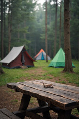 Wood table in front and Blurred camping and tents in forest.