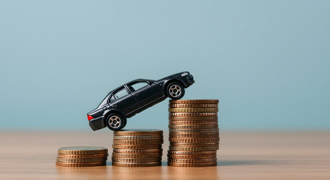 Miniature black car on top of coins and cash stacked on wooden table, with blue background.