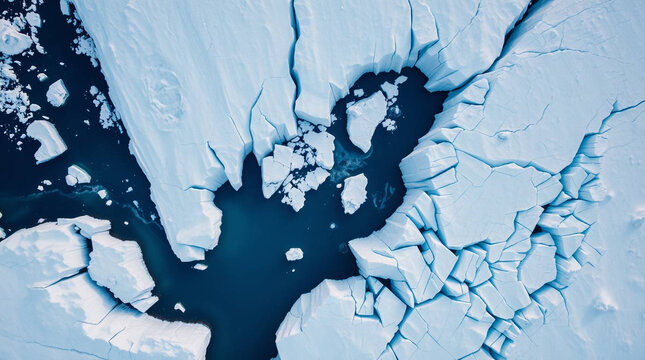 Aerial view of icebergs and open water in the arctic region with visible cracks and ice formations