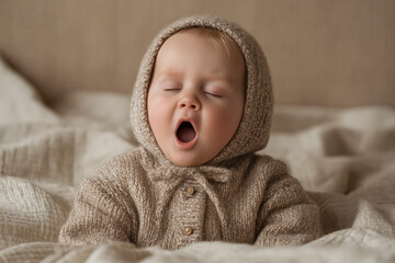 Sleepy baby in knitted outfit yawns, eyes closed, nestled in soft beige blankets. Cozy comfort, gentle rest.