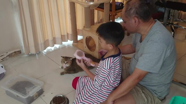 Father and son play and take care of a cat together.