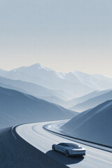 Sleek vehicle navigates a winding mountain road, blending future with natural beauty.