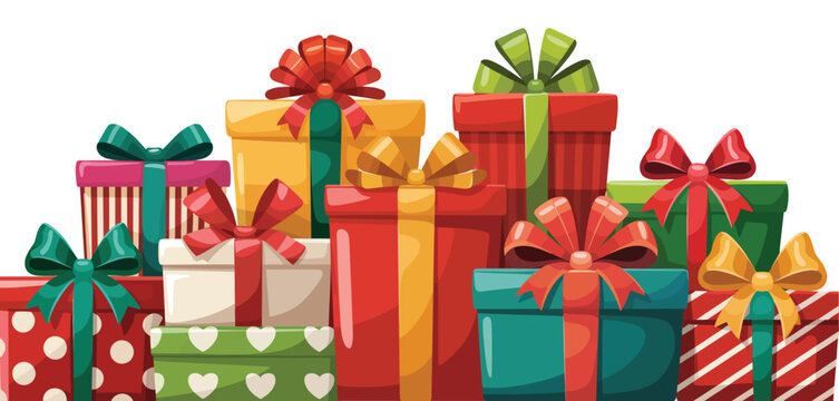 Colorful Stack of Wrapped Christmas Presents with Bows