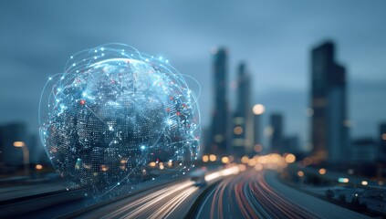 Glowing Digital Globe Over City Highway at Night, Illustrating Global Connectivity and International Business Expansion : Generative AI