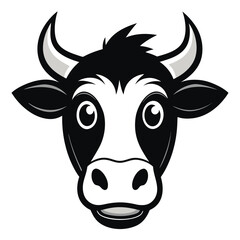 A cartoon cow face with black spots smiles on a white backdrop