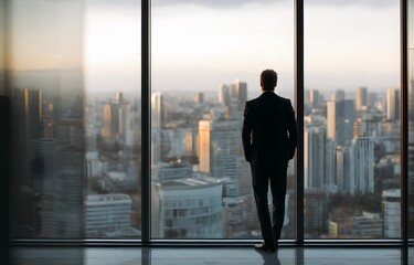 A businessman stands in front of a large window, overlooking a sprawling cityscape at sunset.
