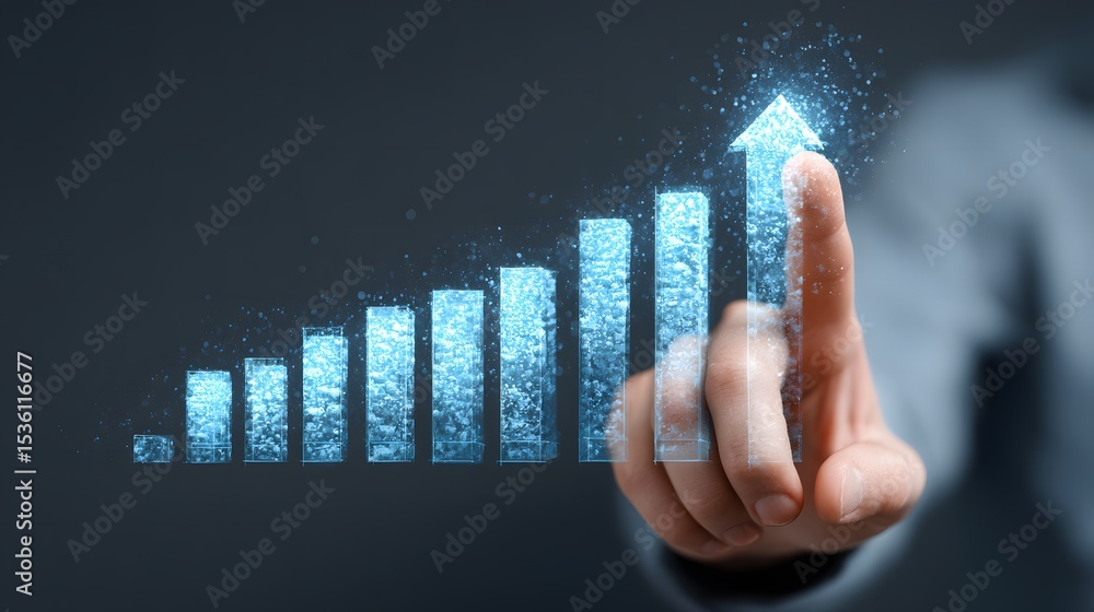 Poster hand interacting with a digital bar graph showing growth, highlighted by an upward arrow.