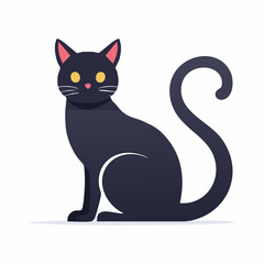 Cartoon black cat with yellow eyes and curled tail, vector illustration

