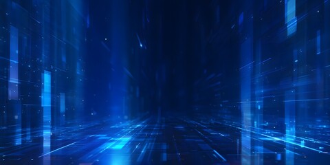 Futuristic Digital Cityscape with Blue Neon Lights and Data Streams