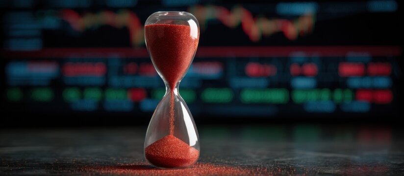 Hourglass With Red Sand Against Stock Market Chart, Representing Financial Deadline and Investment Opportunity : Generative AI