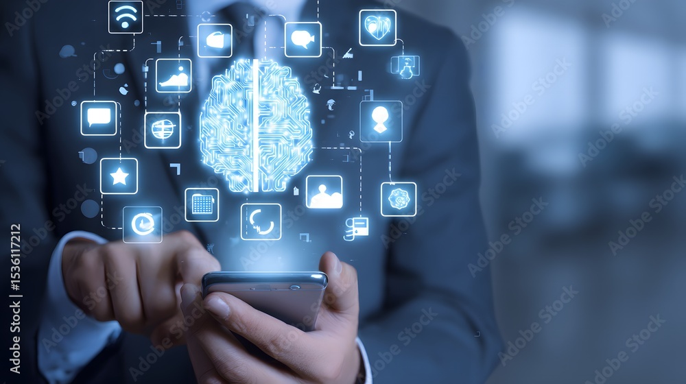 Aufkleber person in a suit holding a smartphone with a digital brain and various icons floating around, symbol