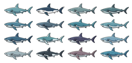Twelve Cartoon Sharks in Various Colors and Poses
