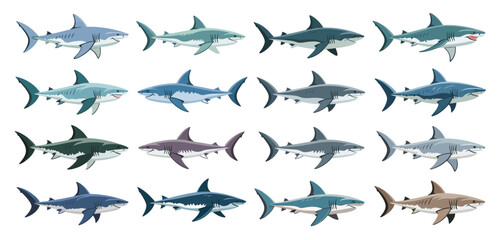 Fototapeta premium Collection of Cartoon Great White Sharks in Various Poses